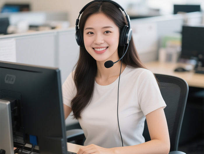 Woman with headset providing customer support at her workstation, working on a desktop computer in a bright open office environmen