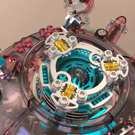 Macro shot of a steampunk puzzle's glowing core, revealing intricate metal gears and translucent mechanical components, a highlight of this advanced 3D puzzle Metal Kits and mechanical steampunk model.