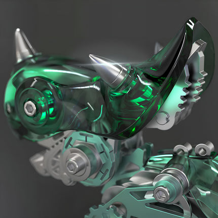 Close-up of a green translucent mechanical steampunk dinosaur head with sharp horns, part of a unique metal model. A striking 3D puzzle metal kit for mechanical steampunk enthusiasts.