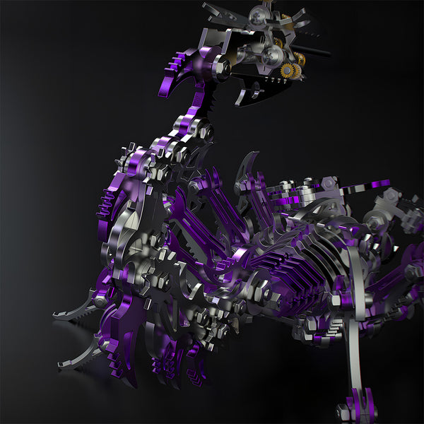 Purple Mechanical Scorpion DIY 3D Puzzle Metal Kits - Intricate metal model with polished purple and silver components, movable gear structures, and golden mechanical accents. This challenging 3D puzzle kit assembles into a lifelike scorpion decor, adding a futuristic touch to any funny table display for 3D puzzle enthusiasts.