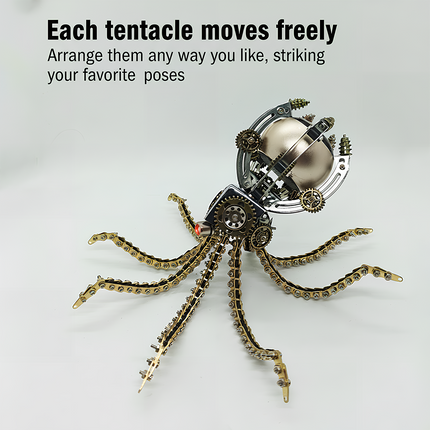 Steampunk Mechanical Octopus 3D Puzzle Metal Kit (Freely Movable Tentacles Design) - A versatile fun toy for mechanics and design lovers, this DIY-assembled piece features a mechanical octopus with fully movable tentacles—each tentacle can be arranged freely into your favorite poses. It showcases intricate gears, a metallic head unit, and highly articulated chain-like tentacles, challenging you to craft a poseable piece of mechanical artistry with precision. 