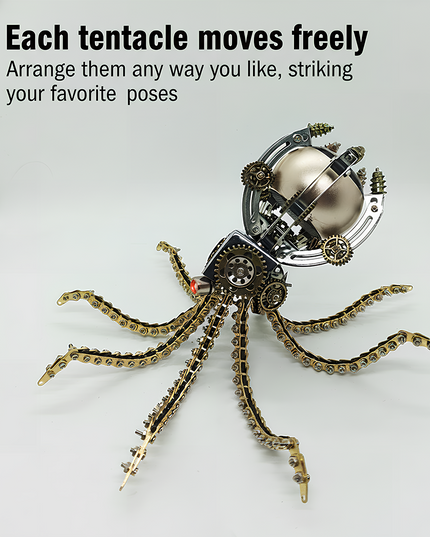 Steampunk Mechanical Octopus 3D Puzzle Metal Kit (Freely Movable Tentacles Design) - A versatile fun toy for mechanics and design lovers, this DIY-assembled piece features a mechanical octopus with fully movable tentacles—each tentacle can be arranged freely into your favorite poses. It showcases intricate gears, a metallic head unit, and highly articulated chain-like tentacles, challenging you to craft a poseable piece of mechanical artistry with precision. 