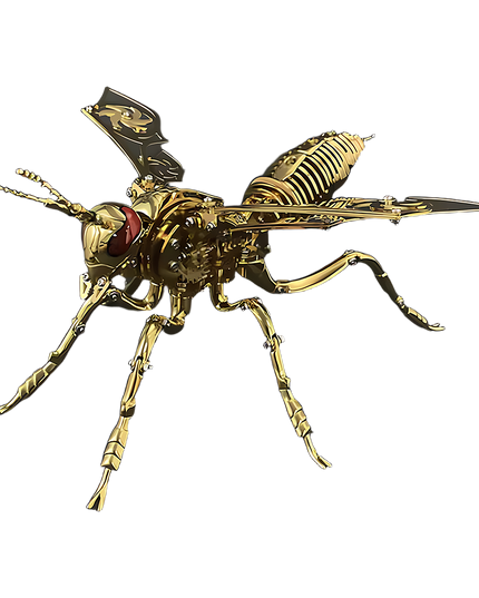 Steampunk Mechanical Wasp 3D Metal Puzzle Kit - A captivating project for mechanics, steampunk aficionados, and insect-inspired design lovers, this creation presents a mechanical wasp with metallic components, intricate gear-driven mechanisms, and futuristic-vintage styling, set against a transparent backdrop to highlight its sleek, detailed artistry. It’s a desk-centerpiece-worthy signature piece.