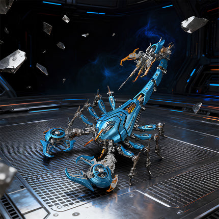 Sci-Fi Mecha Blue-Silver Scorpion 3D Puzzle Metal Kits - Shattered Space Capsule Backdrop DIY Metal Model with Dynamic Gears for Action-Packed Funny Table Displays