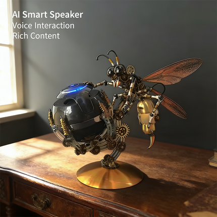 A futuristic steampunk puzzle featuring a mechanical wasp intricately holding an AI Smart Speaker, highlighting voice interaction and rich content. This unique metal model serves as a captivating desktop ornament, embodying advanced mechanical steampunk design. It's an innovative 3D puzzle Metal Kit for tech enthusiasts and collectors seeking a distinct steampunk mech that combines vintage aesthetics with modern functionality.
