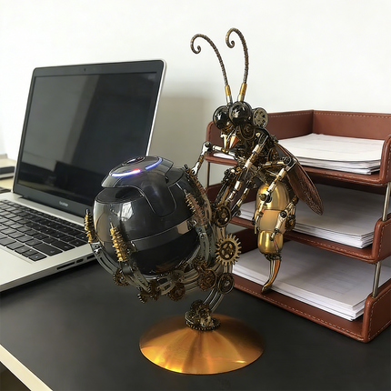 A stunning steampunk puzzle, a detailed mechanical wasp holding a glowing spherical object, presented as a desk ornament next to a laptop and file organizer. This intricate metal model, resembling a sophisticated steampunk mech, showcases excellent mechanical steampunk design and is an engaging 3D puzzle Metal Kit, perfect for adding an intelligent and unique touch to any office or workspace.