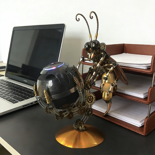 A stunning steampunk puzzle, a detailed mechanical wasp holding a glowing spherical object, presented as a desk ornament next to a laptop and file organizer. This intricate metal model, resembling a sophisticated steampunk mech, showcases excellent mechanical steampunk design and is an engaging 3D puzzle Metal Kit, perfect for adding an intelligent and unique touch to any office or workspace.