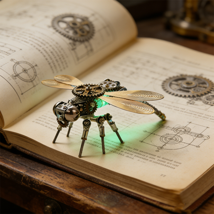 An exquisite steampunk puzzle, a glowing mechanical dragonfly, rests on an open vintage book featuring intricate engineering diagrams. This finely detailed metal model highlights exceptional mechanical steampunk design and is an engaging 3D puzzle Metal Kit for enthusiasts. It subtly evokes the idea of a miniature steampunk mech coming to life from the pages of an inventor's journal. 