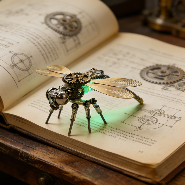 An exquisite steampunk puzzle, a glowing mechanical dragonfly, rests on an open vintage book featuring intricate engineering diagrams. This finely detailed metal model highlights exceptional mechanical steampunk design and is an engaging 3D puzzle Metal Kit for enthusiasts. It subtly evokes the idea of a miniature steampunk mech coming to life from the pages of an inventor's journal. 