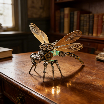 A beautifully detailed steampunk puzzle, a mechanical dragonfly with luminous green elements and elegant golden wings, presented on a polished wooden desk in a classic study. This exquisite metal model exemplifies mechanical steampunk artistry, serving as a sophisticated decorative piece or a rewarding 3D puzzle Metal Kit for hobbyists and collectors. It subtly suggests the presence of a delicate steampunk mech.