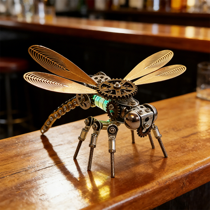 A striking steampunk puzzle of a mechanical dragonfly, featuring brilliant golden wings and a glowing body, positioned on a polished wooden bar top. This intricate metal model, resembling a delicate steampunk mech, is an ideal display piece or a challenging 3D puzzle Metal Kit, embodying classic mechanical steampunk aesthetics in a relaxed setting.