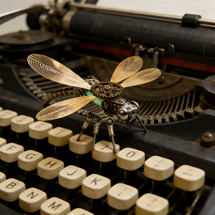 A captivating steampunk puzzle, a glowing mechanical dragonfly with golden wings, perched delicately on the keys of a vintage typewriter. This intricate metal model beautifully combines mechanical steampunk aesthetics with a classic office tool, making it an ideal display for collectors of 3D puzzle Metal Kits or those seeking unique steampunk mech decor.