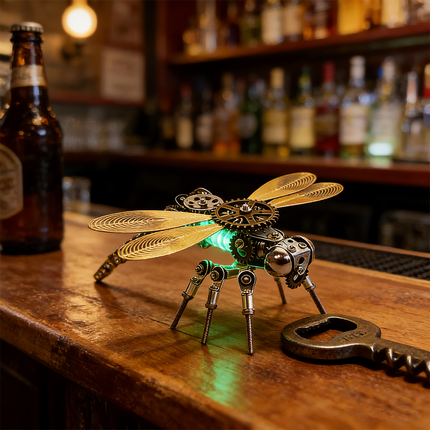 A cool steampunk puzzle of a mechanical dragonfly with glowing green details, perfect for a bar or game room setting. This metal model, resembling a small steampunk mech, is featured on a rustic wooden bar counter next to a beer bottle and an antique bottle opener, showcasing its versatile appeal as a 3D puzzle Metal Kit and unique decor. Its intricate mechanical steampunk design makes it a conversation starter.
