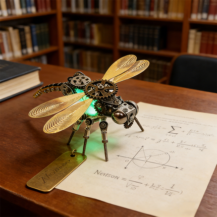 A stunning steampunk puzzle of a mechanical dragonfly with glowing green accents and intricate gear details, showcasing exceptional mechanical steampunk craftsmanship. This unique metal model is placed on a wooden desk next to mathematical equations and a book, perfect for collectors of 3D puzzle Metal Kits or unique desktop decor. The attached brass tag adds an authentic touch to this steampunk mech.

