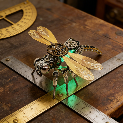 A remarkable steampunk puzzle, a mechanical dragonfly with glowing green elements, positioned meticulously on drafting tools including a ruler and a protractor, emphasizing its precise construction. This sophisticated metal model showcases advanced mechanical steampunk design and is an intricate 3D puzzle Metal Kit, appealing to those who appreciate engineering and detailed steampunk mech models.