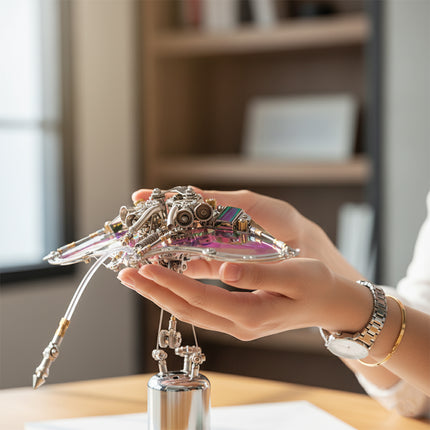 Hands delicately hold a partially assembled steampunk mech lucky fish maquette en metal, showcasing its iridescent wings and intricate gears. This captivating 3D metal model kit offers an immersive steampunk puzzle experience for enthusiasts.