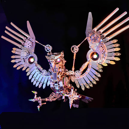 Full view of a captivating metal model kit bird with impressive spread wings, an intricate metallic 3D puzzle and a collectible maquette en métal.