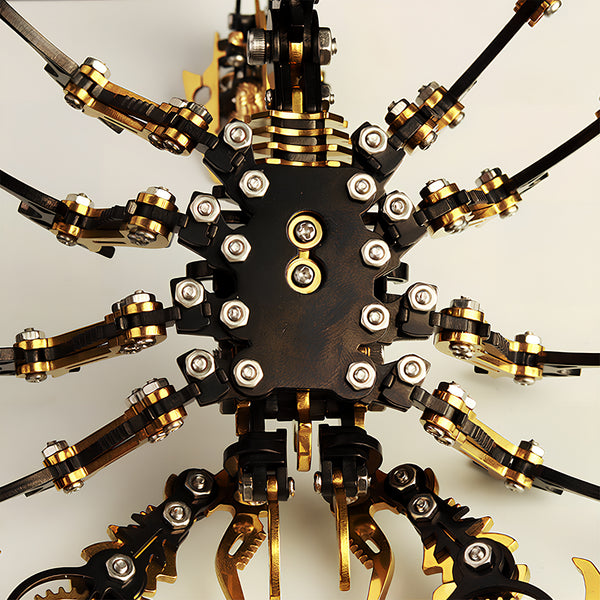  Underside view of a mechanical scorpion, showing the detailed golden and black leg joints and chassis of this complex metallic 3D puzzle and metal model kit.
