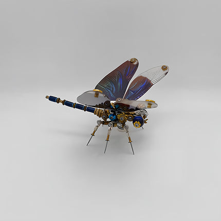 A vibrant steampunk puzzle, a striking mechanical dragonfly with iridescent blue and clear wings, featuring a detailed blue and gold body. This exquisite metal model is presented against a clean white background, showcasing its intricate mechanical steampunk design and making it an appealing 3D puzzle Metal Kit for hobbyists or a colorful steampunk mech display piece.