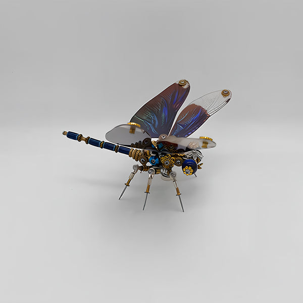 A vibrant steampunk puzzle, a striking mechanical dragonfly with iridescent blue and clear wings, featuring a detailed blue and gold body. This exquisite metal model is presented against a clean white background, showcasing its intricate mechanical steampunk design and making it an appealing 3D puzzle Metal Kit for hobbyists or a colorful steampunk mech display piece.
