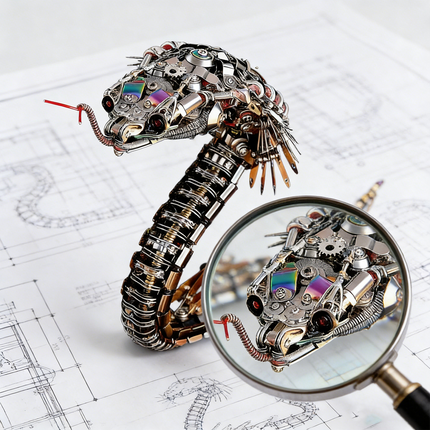 A finely detailed steampunk mech snake maquette en metal with an iridescent head and glowing eyes, placed on engineering blueprints. A magnifying glass highlights its intricate features, emphasizing the complexity of this 3D metal model kit and challenging steampunk puzzle.