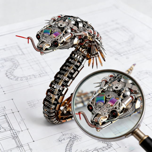 A finely detailed steampunk mech snake maquette en metal with an iridescent head and glowing eyes, placed on engineering blueprints. A magnifying glass highlights its intricate features, emphasizing the complexity of this 3D metal model kit and challenging steampunk puzzle.
