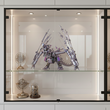  Display case with a magnificent finished DIY metal model dragon, a detailed 3D puzzle metal kit, showcasing its intricate design and impressive wings, a perfect piece for a collector's funny table