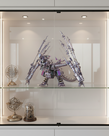  Display case with a magnificent finished DIY metal model dragon, a detailed 3D puzzle metal kit, showcasing its intricate design and impressive wings, a perfect piece for a collector's funny table