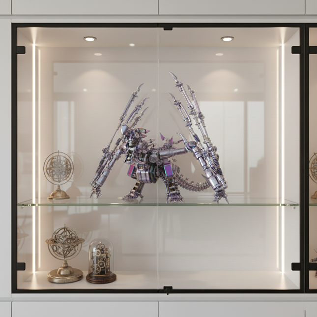  Display case with a magnificent finished DIY metal model dragon, a detailed 3D puzzle metal kit, showcasing its intricate design and impressive wings, a perfect piece for a collector's funny table