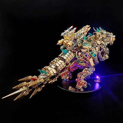 Rear view of a **Mechanical Tyrannosaurus** **mechanical metal puzzle** highlighting the articulated tail weapon and gold-plated gears.