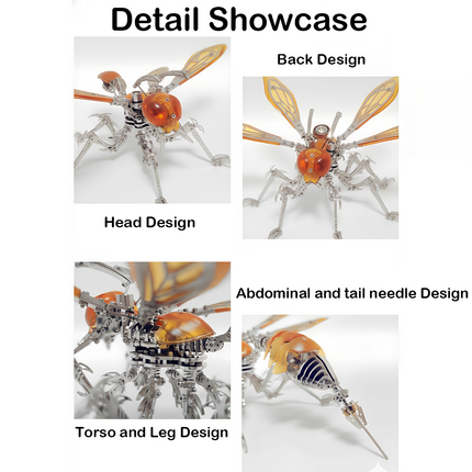 Detail Showcase" of the metal insect model kit, highlighting its head, back, torso, legs, and tail needle designs.