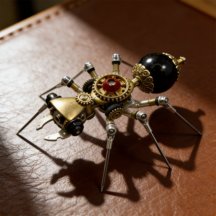 Detailed steampunk puzzle ant metal model on a brown leather surface, highlighting its mechanical steampunk gears and unique body segments, a fascinating 3D puzzle from metal kits.