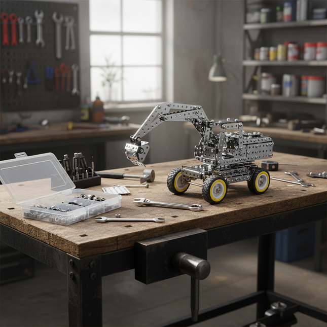 A detailed metal model excavator on a professional workbench surrounded by DIY tools from a 3D puzzle Metal Kits.