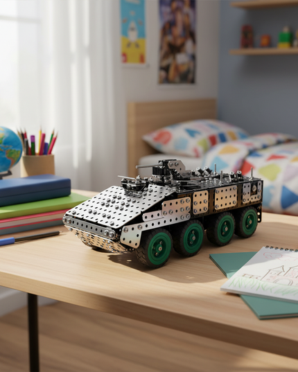 This Mechanical Armored Vehicle 3D Metal Puzzle Kit features a detailed design with interlocking metallic components and green-accented wheels. Showcased on a desk in a cozy bedroom setting, it blends mechanical engineering aesthetics with a realistic armored vehicle form. Serving as both an engaging assembly project and a distinctive display piece, it’s ideal for hobbyists and puzzle lovers, adding a touch of mechanical creativity to your study or play space.