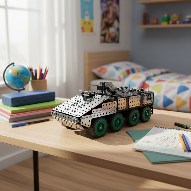 This Mechanical Armored Vehicle 3D Metal Puzzle Kit features a detailed design with interlocking metallic components and green-accented wheels. Showcased on a desk in a cozy bedroom setting, it blends mechanical engineering aesthetics with a realistic armored vehicle form. Serving as both an engaging assembly project and a distinctive display piece, it’s ideal for hobbyists and puzzle lovers, adding a touch of mechanical creativity to your study or play space.
