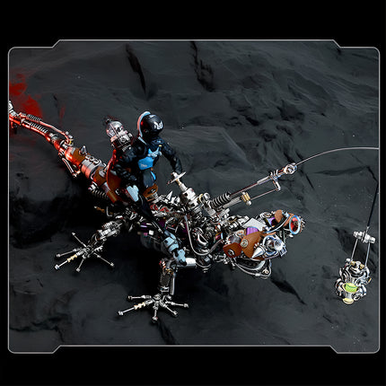  Steampunk mechanical lizard metal model with pilot figure, designed for an adventurous 3D puzzle and mechanical steampunk display.