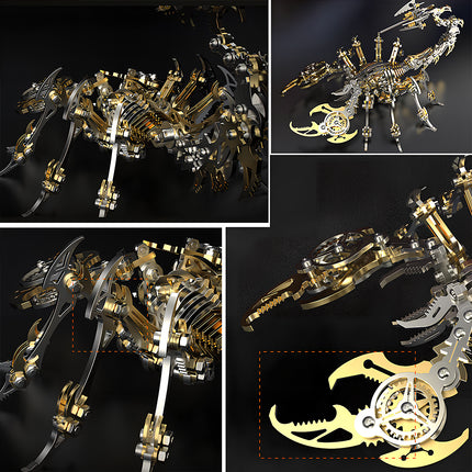 Four-panel collage of the gold mechanical scorpion **metal model kit**, featuring close-ups of the leg joints, gear claws, and full body of this **puzzle métallique 3d**.