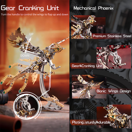 Infographic of a "Mechanical Phoenix" metal model kit, detailing its "Gear Cranking Unit" for flapping wings, "Premium Stainless Steel" material, and "Bionic Wings Design," showcasing a sophisticated metallic 3D puzzle.
