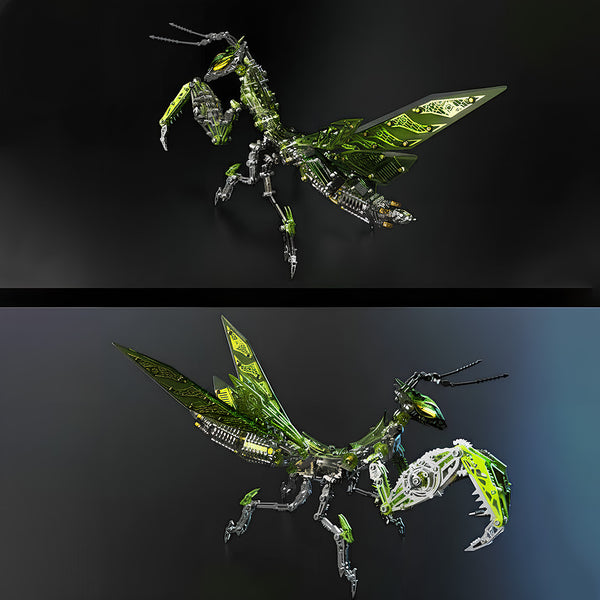 Two detailed views of a "Biomimetic Green" Mecho-Mantis Metal Kits, a captivating DIY 3D puzzle that serves as a unique funny table decoration.