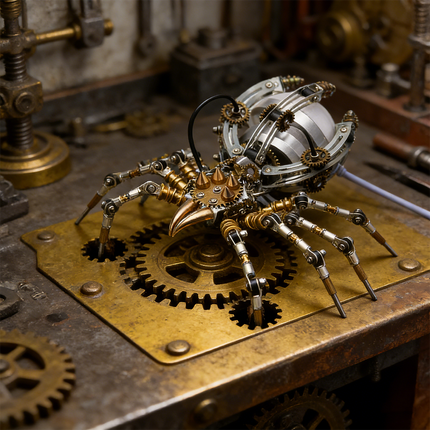 A powerful steampunk puzzle, a large mechanical spider with metallic and gear details, stands firmly on a brass plate adorned with gears, signifying a workshop or an inventor's bench. This robust metal model is a prime example of advanced mechanical steampunk engineering, an engaging 3D puzzle Metal Kit for skilled builders, or a striking display of a steampunk mech.