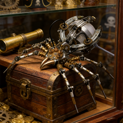 A captivating steampunk puzzle, a large mechanical spider with a metallic body and intricate gears, is prominently displayed atop a miniature wooden treasure chest. This impressive metal model, resembling a formidable steampunk mech, is part of a collection that includes a brass telescope and hints of pirate themes, showcasing the adventurous spirit of mechanical steampunk and its appeal as a detailed 3D puzzle Metal Kit.
