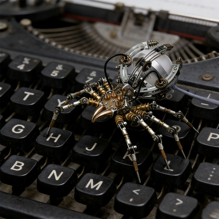 A remarkable steampunk puzzle, a detailed mechanical spider with intricate gears and metallic body, resting on the vintage keys of an old typewriter. This captivating metal model embodies advanced mechanical steampunk design, making it an excellent 3D puzzle Metal Kit for hobbyists or a striking piece of steampunk mech desk decor. Its arachnid form adds a unique edge to the steampunk aesthetic.
