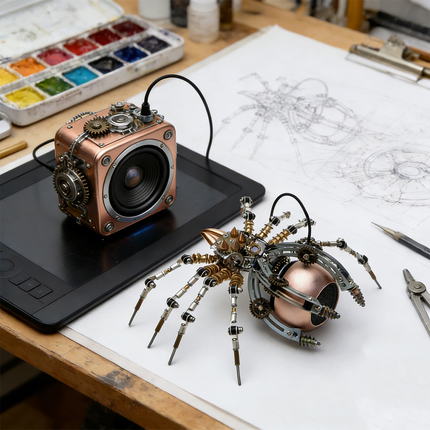 A creative scene featuring a detailed steampunk puzzle, a mechanical spider, and a steampunk-style speaker, both meticulously crafted metal models. Positioned on an artist's desk with engineering sketches, a watercolor palette, and drawing tools, this image highlights the intricate mechanical steampunk design and the potential for these 3D puzzle Metal Kits to inspire both art and invention. The spider could be seen as a miniature steampunk mech in progress.