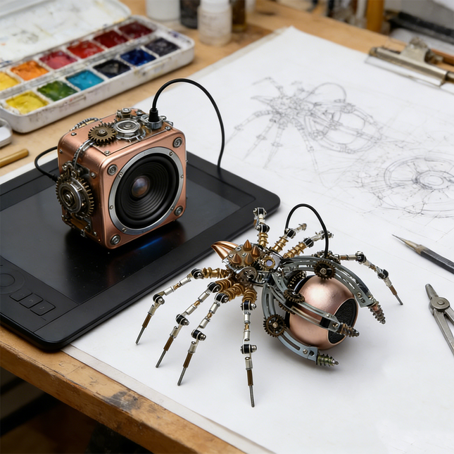 A creative scene featuring a detailed steampunk puzzle, a mechanical spider, and a steampunk-style speaker, both meticulously crafted metal models. Positioned on an artist's desk with engineering sketches, a watercolor palette, and drawing tools, this image highlights the intricate mechanical steampunk design and the potential for these 3D puzzle Metal Kits to inspire both art and invention. The spider could be seen as a miniature steampunk mech in progress.