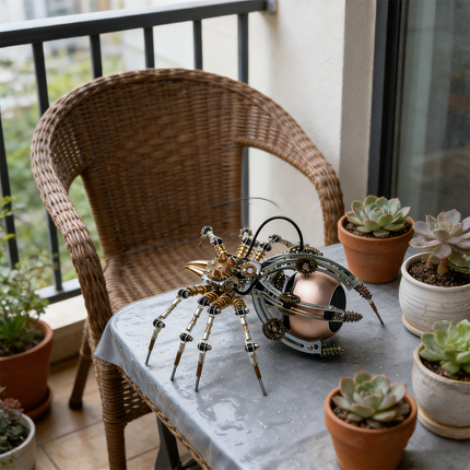 A unique steampunk puzzle, a large mechanical spider with metallic and gear details, resting on a small outdoor table on a patio. This impressive metal model, resembling a sophisticated steampunk mech, is surrounded by potted succulents and a wicker chair, showcasing its versatility as a decorative 3D puzzle Metal Kit for both indoor and outdoor settings, highlighting its mechanical steampunk charm.
