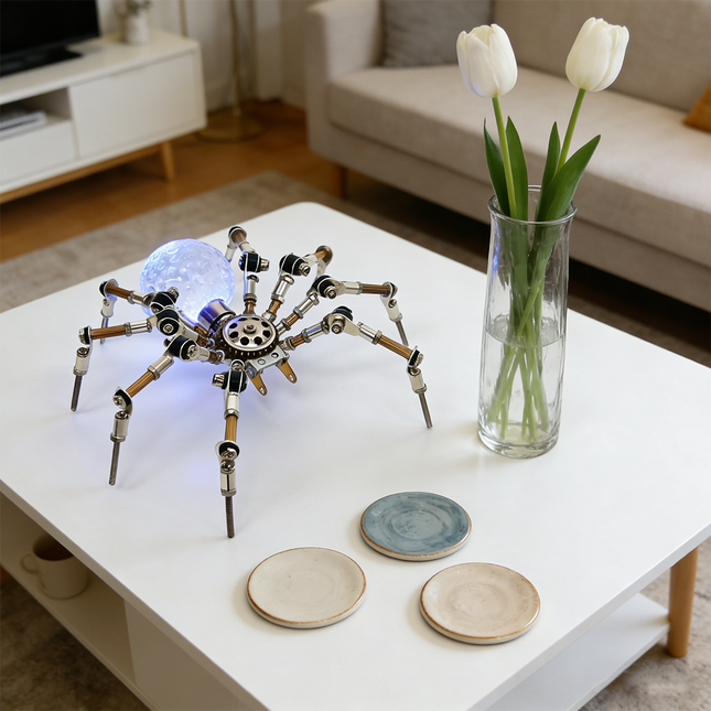 A modern and artistic steampunk puzzle, featuring a mechanical spider with a glowing, textured orb body, elegantly displayed on a white coffee table in a contemporary living room. This captivating metal model adds a unique touch of mechanical steampunk flair to home decor, serving as both an intriguing 3D puzzle Metal Kit and a conversation-starting steampunk mech in a stylish setting with white tulips and coasters.
