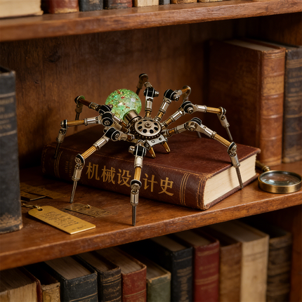A fascinating steampunk puzzle, a mechanical spider with a shimmering green orb body, sits elegantly on an antique book titled "机械设计史" (History of Mechanical Design) within a vintage wooden bookshelf. This intricate metal model is a perfect blend of intellectual curiosity and mechanical steampunk artistry, serving as both a challenging 3D puzzle Metal Kit and a unique steampunk mech display for a connoisseur's library.