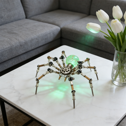A modern and artistic steampunk puzzle, featuring a mechanical spider with a glowing, textured orb body, elegantly displayed on a white coffee table in a contemporary living room. This captivating metal model adds a unique touch of mechanical steampunk flair to home decor, serving as both an intriguing 3D puzzle Metal Kit and a conversation-starting steampunk mech in a stylish setting with white tulips and coasters.
