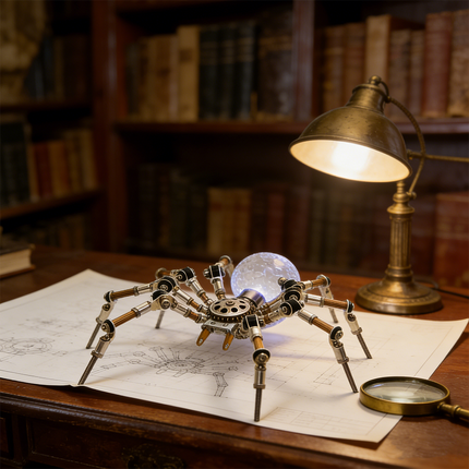 A modern and artistic steampunk puzzle, featuring a mechanical spider with a glowing, textured orb body, elegantly displayed on a white coffee table in a contemporary living room. This captivating metal model adds a unique touch of mechanical steampunk flair to home decor, serving as both an intriguing 3D puzzle Metal Kit and a conversation-starting steampunk mech in a stylish setting with white tulips and coasters.