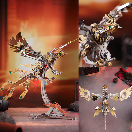 A collage showcasing a golden mechanical phoenix metal model kit. The images highlight its intricate design, detailed head, and impressive wings, making it a captivating metallic 3D puzzle.